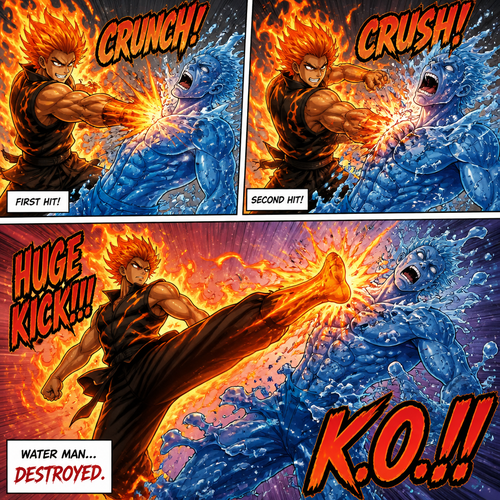 Fire man destroys water man with two crushing hits and one huge kick