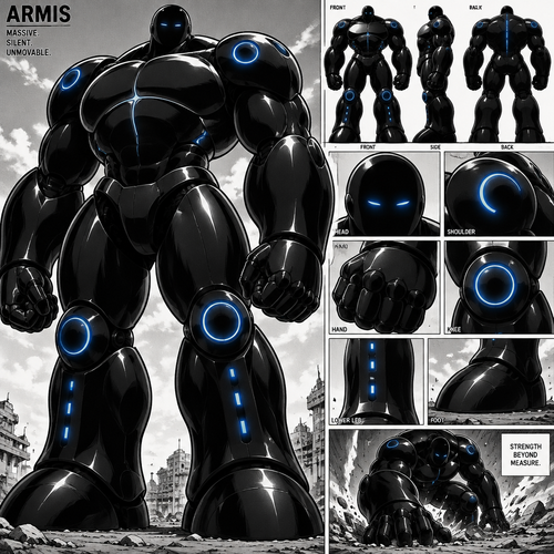 * Overall body: Armis is a gigantic, heavily built humanoid with an extremely broad upper body and thick limbs.
* Head: A smooth, rounded, almost featureless black head. No mouth, nose, ears, or facial details. Only two narrow, glowing blue eyes.
* Shoulders: Very large, rounded shoulder masses that flow naturally into the arms.
* Arms: Extremely thick and muscular-looking. The arms are smooth, solid, continuous black pieces rather than layered armor. The forearms become very large near the hands.
* Hands: Large, heavy fists with thick, clearly defined fingers. They look powerful rather than delicate or highly mechanical.
* Chest: Broad, deep, and heavily curved. The central chest structure gives him a distinctive large, imposing silhouette.
* Torso sides: Dark, smooth body surfaces running from the shoulders down toward the waist, with subtle structural lines rather than lots of separate armor pieces.
* Legs: Very large and thick, with powerful thighs and substantial lower legs. His legs maintain the same smooth black construction as the rest of his body.
* Knees: Prominent circular technological structures with blue illumination.
* Lower legs: Long, dark armored sections with several small rectangular blue-lit elements running vertically.
* Feet: Extremely large, broad, rounded armored feet. They contribute heavily to his massive, immovable appearance.
* Material: Almost entirely glossy black, with strong white reflections that reveal the curves and shape of the body.
* Energy: Blue illumination is built into the body at specific points—the eyes, shoulders, knees, lower legs, and fine illuminated lines.
* Design language: Clean, smooth, rounded, massive, and minimalist. He does not have a cluttered mechanical appearance.

Most importantly, his visual identity comes from the huge rounded silhouette, smooth black construction, enormous limbs, featureless head, glowing blue eyes, and integrated blue technology.