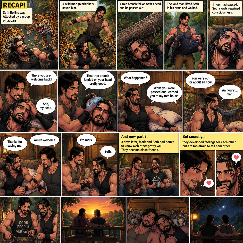 (Recap!) Seth Rollins was Attacked by a group of jaguars,A wild man (Markiplier) saved him,A tree branch fell on Seth’s head and he passed out,The wild man lifted Seth in his arms and walked,1 hour had passed,Seth slowly regained consciousness,The wild man was looking down at Him,”There you are,welcome back!” Said the wild man,Seth Groaned and put his hand on his head,”Ahh,my head” said Seth,”That tree branch landed on your head pretty good” said the wild man,He gently puts ice on Seth’s head,“What happened?” Asked Seth,”While you were passed out I carried you to my tree house” said the wild man,Seth looked at his surroundings,he was indeed in the wild man’s treehouse,”You were out for about an hour” said the wild man,”An hour?….man” said Seth,Seth slowly sat up,”Thanks for saving me” said Seth,The wild man smiled softly,”You’re welcome” said the wild man,”I’m mark” said mark,”Seth” said Seth,They shook hands. (And now part 3). 3 days later,Mark and Seth had gotten to know each other pretty well. They became close friends…But secretly…they developed feelings for each other but are too afraid to tell each other