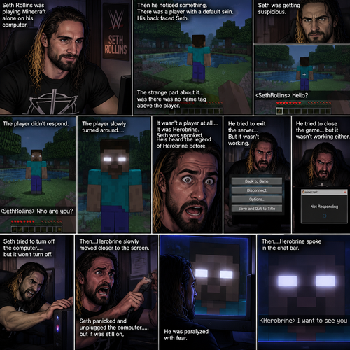 Seth Rollins was playing Minecraft alone on his computer,Then he noticed something. There was a player with a default skin,His back faced Seth. The strange part about it…was there was no name tag above the player. Seth was getting suspicious. He moved his character to the player,Then he typed in the chat bar “Hello?”. The player didn’t respond. Seth typed in the chat bar again “Who are you?”. The player slowly turned around….it wasn’t a player at all….It was Herobrine. Seth was spooked,He’s heard the legend of Herobrine before. He tried to exit the server…But it wasn’t working,He tried to close the game…but it wasn’t working either. Herobrine kept staring at Seth. Seth tried to turn off the computer….but it won’t turn off. Then…Herobrine slowly moved closer to the screen. Seth panicked and unplugged the computer……but it was still on,He was paralyzed with fear. Then….Herobrine spoke in the chat bar “I want to see you”