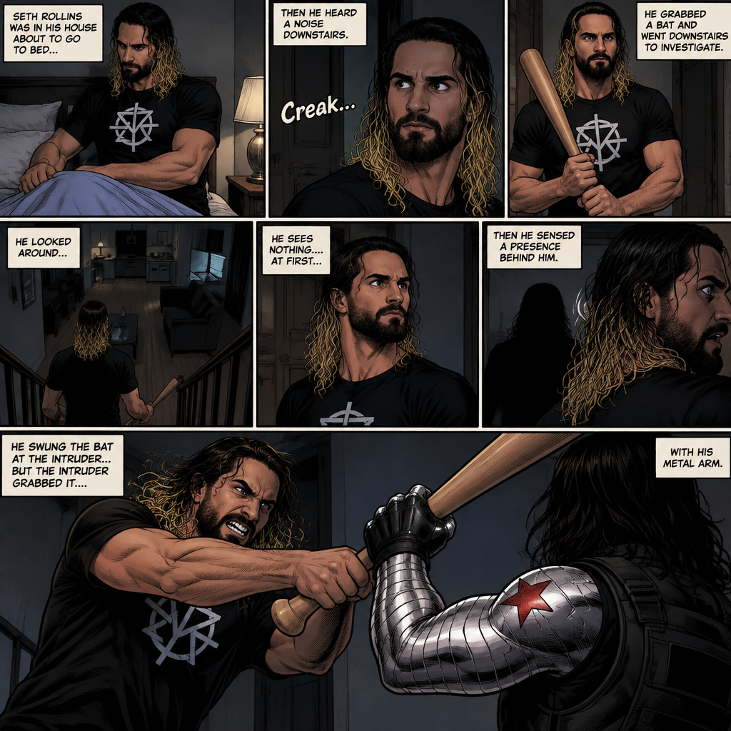 Seth Rollins was in his house about to go to bed…then he heard a noise downstairs. He grabbed a bat and went downstairs to investigate. He looked around,He sees nothing….at first…then he sensed a presence behind him. He swung the bat at the intruder…But the intruder grabbed it….with his metal arm