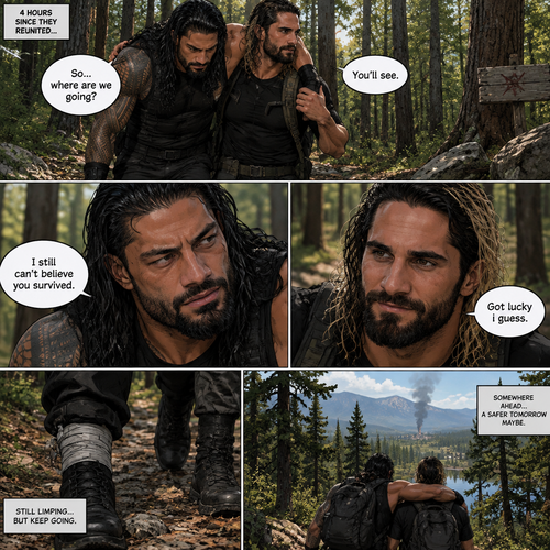(Part 2 of the Zombie Apocalypse story). Still in the woods,Still far away from the zombies. Roman Reigns was still limping from the sprained ankle and Seth Rollins was helping him walk. It had been 4 hours since they reunited. “So…where are we going?” Roman asked. “You’ll see” said Seth. “I still can’t believe you survived” Said Roman. “Got lucky i guess” said Seth