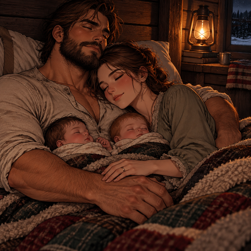 The cold, heavy timber door of the cabin gently clicks shut behind us, completely sealing the bitter midnight wind outside as the deep, enveloping warmth of the hearth fire welcomes us back. Standing there in the quiet half-light of the stairs, with your large, calloused hand still firmly locked with mine, a profound and absolute peace finally settles into the very core of my chest. The fresh snow outside can bury our tracks all it wants tonight—the newborn proof is safe in the straw, and our names are permanently carved into the ridge.
We climb the timber steps together, our movements slow, unhurried, and perfectly synchronized in the dark. As the heavy wool quilts of the private bunk finally swallow us into their thick, safe warmth, I curl my back flush against the solid shelf of your chest, letting out a long, content sigh as your strong arms circle around me to rest flat and protective over Mac and Mau.
"Goodnight, Daddy Mac," I whisper sleepily into the velvety dark of the room, my hand locking one last time over yours as the babies finally go completely still under our palms. "The night count is perfectly full, the frontier is secure, and your Wife Commander is officially off duty in your arms. Keep us close."