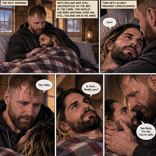 (The monster apocalypse/Moxollins story part 3). The next morning,Seth Rollins was Still unconscious on the bed in the cabin with the blanket wrapped around him to keep him warm. Jon Moxley had been watching over him Still holding him in his arms. Then Seth slowly regained consciousness,The first thing he sees is Jon looking down at him,Then he spoke softly “Jon?”. “Hey baby” Jon said softly. “Is that…Really you?” Seth asked softly. Jon gently stroked Seth’s cheek. “Yes Baby,It’s me,You’re safe” Jon said softly
