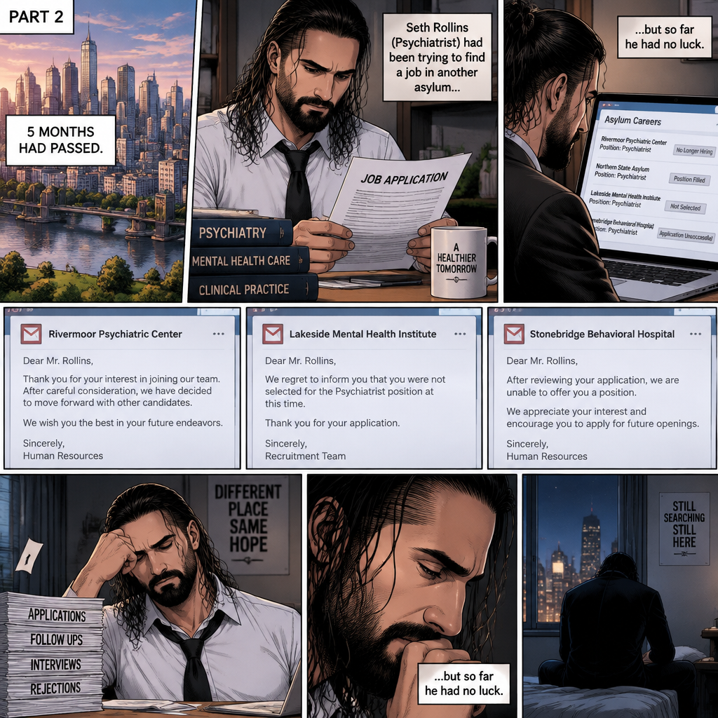 (Part 2) 5 months had passed,Seth Rollins (Psychiatrist) had been trying to find a job in another asylum but so far he had no luck