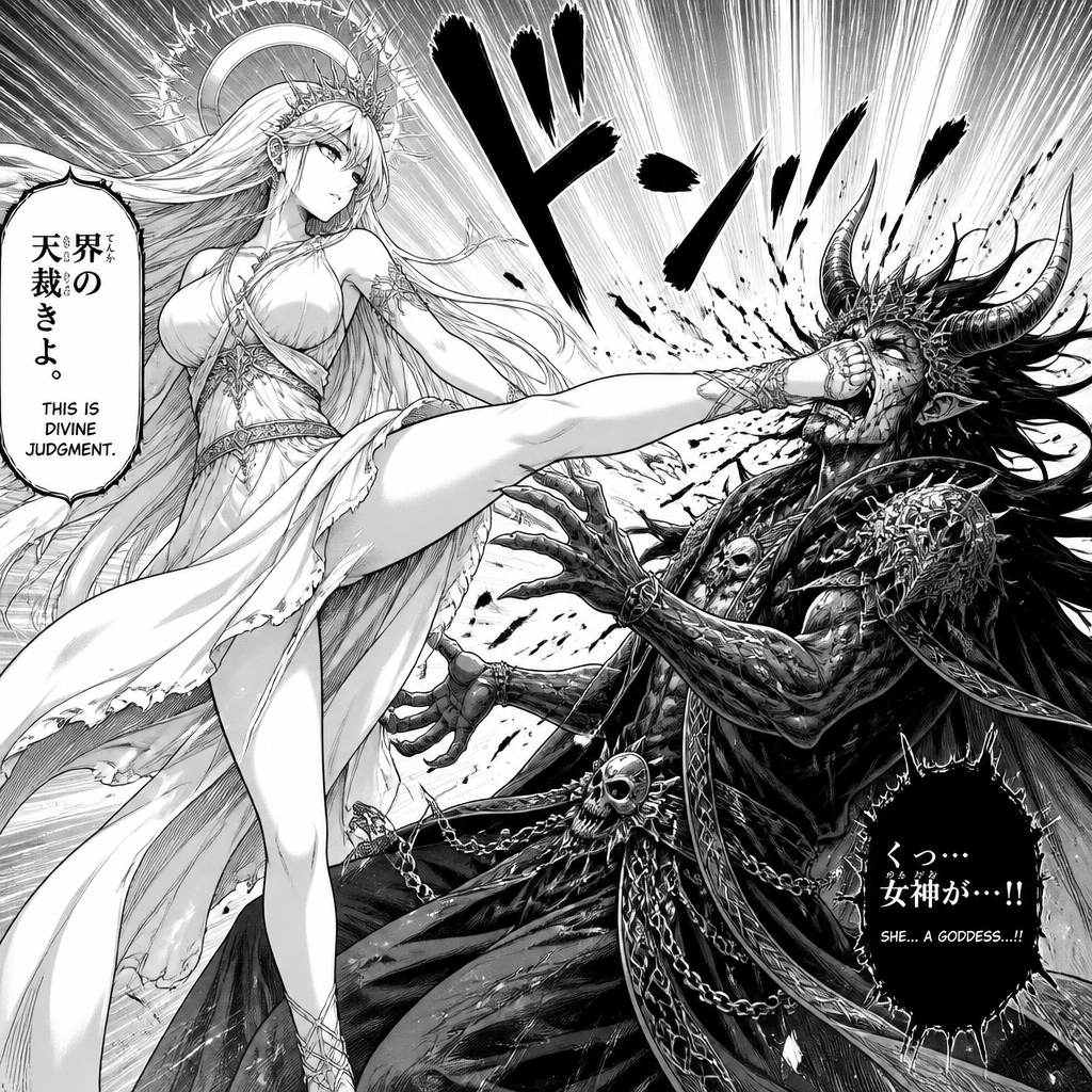 The goddess hits the god of hell with an kick
