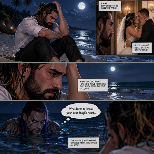 Seth Rollins was on a beach alone at night crying. He was about to be married today….but he caught the bride cheating on him with his best friend. He’s lost in thought about what to do,Little did he know…..A siren (Jeff Hardy) was watching him in the water. “Who dares to break your poor fragile heart” the siren said to himself