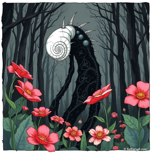 Skinny tall black monster with a white spiral face 