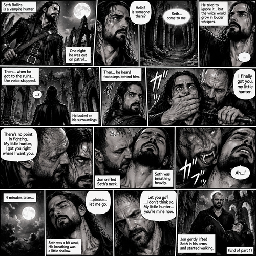 Seth Rollins is a vampire hunter,One night he was out on patrol…then….he heard someone…softly call out his name. “Hello?,Is someone there?” Seth called out. He saw nothing….then he heard it again,He tried to ignore it…but the voice softly spoke again “Seth…come to me”. He couldn’t ignore it anymore,he followed the voice. Each time he tried to fight it…the voice would grow in loud whispers,Then….when he got to the ruins…the voice stopped. He looked at his surroundings,Then…he heard footsteps behind him. Just as he grabbed his weapon…a hand grabbed his wrist from behind and another hand covered his mouth from behind. The voice whispered in his ear “I finally got you,my little hunter”. He knew that voice from anywhere….It was Jon Moxley the king of the vampires. Seth tried to struggle…but it was no use. “There’s no point in fighting,My little hunter,I got you right where I want you” Jon whispered in Seth’s ear. Seth’s heart was pounding. Jon sniffed Seth’s neck.Seth was breathing heavily. Then….Jon’s fangs pierced Seth’s neck. Seth yelped a bit. 4 minutes later,Jon’s fangs leave Seth’s neck. Seth was a bit weak,His breathing was a little shallow. “…please….let me go” Seth pleaded weakly. “Let you go?….I don’t think so,My little hunter…you’re mine now” Jon said softly. Jon gently lifted Seth in his arms and started walking. (End of part 1)