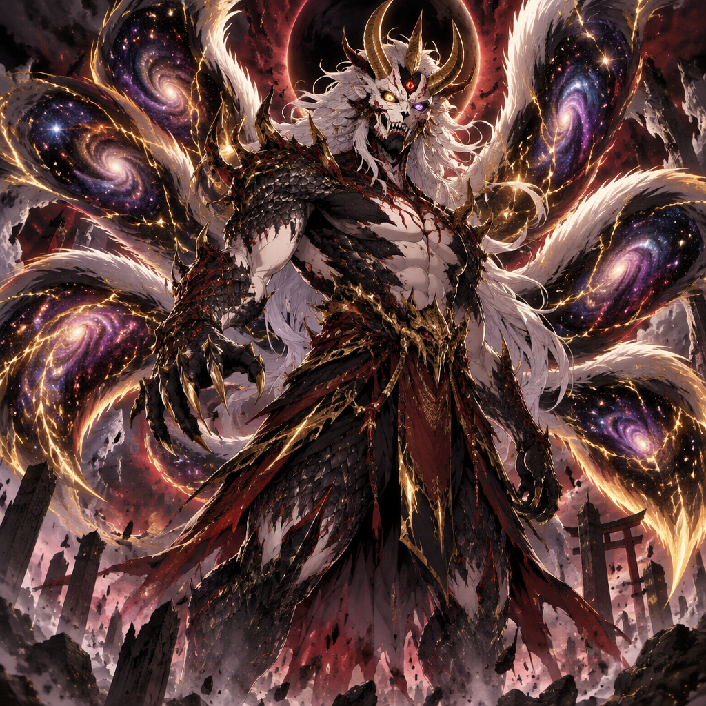 1. Appearance — a living catastrophe
The Oni — the face of destruction
Two massive, backward-curving golden horns, with smaller broken horns framing the skull.
A bone-white oni mask fused to its face, split by crimson cracks.
Three eyes: one electric gold, one cosmic violet, and one burning crimson.
A jagged mouth filled with black obsidian fangs.
Dark markings resembling cursed seals run from its forehead down its neck.
The Dragon — the body of a storm
Tall, muscular humanoid frame with black dragon scales layered over its shoulders, spine, forearms, and legs.
Silver-white mane flowing like a storm cloud, threaded with gold lightning.
Long clawed hands capable of tearing through cursed-energy defenses.
Dragon antlers and blade-like horns extending from its shoulders.
Black-and-crimson armor plates that look grown rather than forged.
The Nine-Tailed Fox — the celestial mantle
Nine enormous tails that move independently like living weapons.
Each tail contains a swirling galaxy, with stars suspended inside its fur.
Gold lightning runs along their edges, leaving cracks of light in the air.
The tips can become claws, spears, shields, or compressed spheres of cursed energy.
When enraged, the tails spread into a rotating halo behind its body