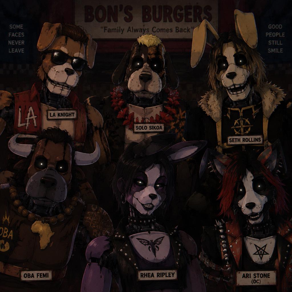 LA Knight,Solo Sikoa,Seth Rollins,Oba Femi,Rhea Ripley and Ari Stone (My wrestler oc) in The Walten files as animatronics