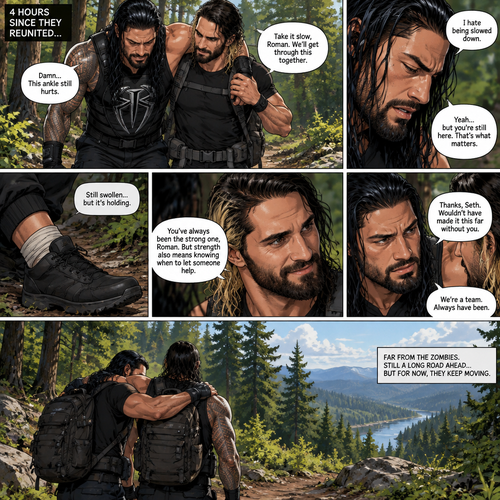 (Part 2 of the Zombie Apocalypse story). Still in the woods,Still far away from the zombies. Roman Reigns was still limping from the sprained ankle and Seth Rollins was helping him walk. It had been 4 hours since they reunited