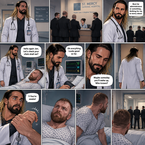 Seth Rollins is a Doctor. He had been looking after a patient (Jon Moxley) who had been in a coma for two years. One day he was walking to Jon’s room,Then he saw men in suits at the front desk. He thought nothing of it and kept walking. He entered Jon’s room. “Hello again Jon,Let’s check your vitals shall we?” Said Seth. He checks Jon’s vitals. “Ok everything Looks good so far” said Seth. He looked at Jon’s face. “Maybe someday you’ll wake up,Who knows?” Said Seth. He got up to leave the room….But a hand grabbed a hold of his wrist. Seth gasped. It was Jon,He’s wide awake and Looking at Seth. “Y-You’re awake” Said Seth. Then Jon carefully got up,Looked out the door and noticed the men in suits