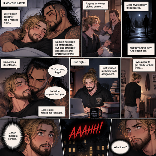 (Recap). Seth Rollins (College student) helped Damien Priest (The bad boy) tend to his wounds on his chest and shoulder after he entered Seth’s dorm room,The next morning,Seth and Damien were asleep in Seth’s bed,Seth slowly woke up,He was in Damien’s embrace,He blushed and his heart fluttered,Damien must’ve heard it because he subconsciously put his hand on Seth’s chest to feel Seth’s heartbeat and hummed softly in his sleep,Seth was flustered,Then…Damien slowly woke up and looked at Seth,”Your heart beats so beautifully” Damien said in a soft voice,Damien then whispered in Seth’s ear,“Is it because of me,Angel?” Damien asked seductively,The blush on Seth’s face deepened,Damien gave a smug and seductive smile.,”Can I kiss you?” Damien asked softly. Seth Got more Flustered,“S-Sure” Seth said nervously,Damien gently kissed Seth. (And now part 4). 3 months had passed,Seth and Damien are together. Damien had been acting strangely possessive and protective of Seth. Anyone who ever picked on Seth…had mysteriously disappeared. Nobody knew why. One night Seth just finished his homework assignment. He was about to get ready for bed….then he heard a scream