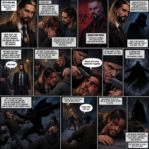 Seth Rollins is a detective. He and Jon Moxley had been friends for years. When Jon was 18 years old His parents were murdered by a villain known as Baron Von Virus. Seth (who was also 18 at the time) comforted him that night. Ever since then Seth dedicated himself to stopping criminals like Baron Von virus and protecting the innocent. He was also trying to figure out the identity of a mysterious Vigilante known as the shadow. One night he walking down the sidewalk,Then a group of bad people attacked him. He tried to fight back but they overpowered him. They beat him up,Then they hold him down. One of them points a gun at his head and says “Baron von virus sends his regards”. He was about to pull the trigger…but then a shadow myst engulfed him. The shadow is here. They let Seth go and try to attack the shadow but he overpowered them with the power of the shadows and his hand to hand combat skills. Seth wanted to get up but he was too much in pain to do so. The bad guys eventually give up and retreat
