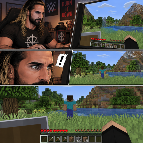 Seth Rollins was playing Minecraft alone on his computer,Then he sees something in the distance. It was a player with the default skin,His back was facing Seth. The strange thing about this player…was that there was no name tag above him
