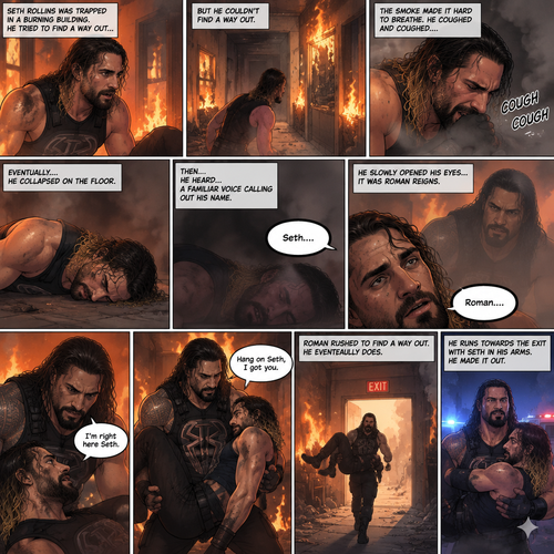 Seth Rollins is in a burning building,He tries to find a way out,he couldn’t find a way out. He was coughing because of the smoke,Eventually….he collapsed on the floor. Then….He heard….a familiar voice calling out his name. He slowly opened his eyes…it was Roman Reigns. Seth weakly called out Roman’s name. Roman rushed over to Seth. “I’m right here Seth” said Roman. He lifted Seth in his arms. “Hang on Seth,I got you” Roman said to Seth. Roman rushes to find a way out,He eventually does. He runs towards the exit with Seth in his arms,He made it out