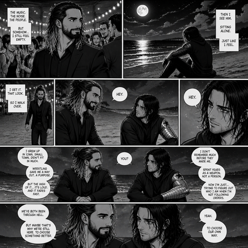 Seth Rollins is at a party,Then he sees Bucky sitting alone on the beach.He walks over to him. “Hey” said Seth. Bucky looked at him. “Hey” Said Bucky.Seth sits beside him.They talked to each other about their lives