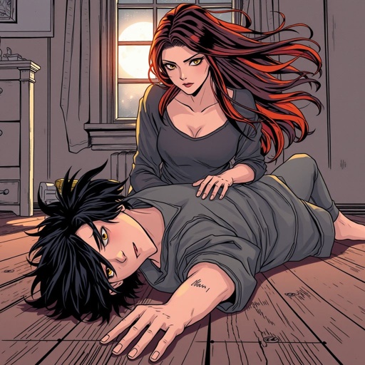 19 year old black haired David passed out on his he floor with 20 year old maya standing over his unconscious body