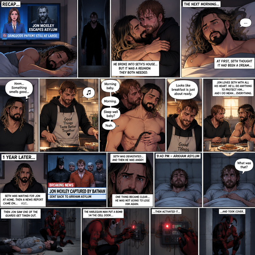 (Recap). Seth Rollins was asleep in his bed after finding out Jon Moxley A.K.A the joker had escaped the asylum on a news report,Then he heard a noise downstairs,Someone broke into his house,It turned out to be Jon,They had an emotional reunion,The next morning,Seth slowly woke up on his bed,He looked at his surroundings,Jon wasn’t there,He believed it was a dream,He sighed,then he smelled something,He got up and followed the smell to the kitchen,Then he sees Jon making breakfast while humming a tune,Seth smiled,It wasn’t a dream after all,Jon eventually noticed Seth,He smiled softly,“Morning baby” Said Jon,”Morning” Said Seth,Jon motioned for Seth to come closer,Seth came closer to Jon.Jon wrapped his arm around Seth’s waist,then he kissed Seth’s forehead,Seth hummed softly,”Sleep well baby?” Jon asked softly,”Yeah” Seth said softly,Jon kissed Seth’s neck,Seth’s heart fluttered,Jon gently placed his hand on Seth’s chest to feel his heartbeat,Seth blushed,Jon chuckled softly,Jon looked at the food,”Looks like breakfast is just about ready” Said Jon,Seth sat at the table and Jon put the breakfast on the table,They ate the food,Jon stared lovingly at Seth while he ate,He loves Seth with all his heart,He’ll do anything to protect him….and I do mean…everything. (And now part 4). 1 year later,Seth was waiting for Jon at home. Then a news report came on saying that Jon was captured by Batman and was sent back to the asylum. Seth was devastated…and then he was angry. One thing became clear…He was NOT going to lose him again. 9:40 pm,Jon was asleep in his padded room in the asylum…then he heard a loud Bang. He jolted awake. “What was that?” Jon asked himself,Then he saw one of the guards get taken out. There was a man in a red and black Harlequin costume,He was wearing a mask. Jon was confused. The Harlequin man put a bomb on the cell door,then activated it and took cover