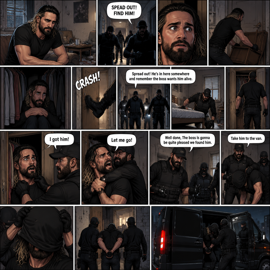 Seth Rollins was living in a run down apartment,Then he heard loud banging from the lobby,Then he heard a man shouting. “SPEAD OUT! FIND HIM!” Said the voice.Seth got spooked,He barricaded the door and hid in his closet.There were sounds of doors being kicked outside,Then the sounds of footsteps approached Seth’s apartment door,The door was kicked open. “Spread out! He’s in here somewhere and remember the boss wants him alive” said a voice. They looked around the apartment.Seth keeps quiet.One of them looked in Seth’s room,He looked under the bed,Then….He walked to the closet.Seth’s heart was beating loudly.The man…opened the door,Spotted Seth and grabbed him before Seth could do anything. “I got him!” Said the man.Seth Struggled.The others walked in the bedroom. “Let me go!” Seth yelled. “Well done,The boss is gonna be quite pleased we found him” Said the man. “Take him to the van”The man commanded. They put a hood over Seth’s head and dragged him to a black van
