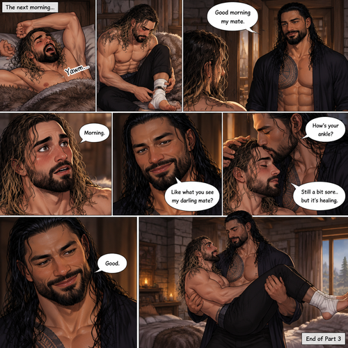 Part 3 of the Werewolf x Human story.Still in the alpha werewolf’s den.The next morning,Seth Rollins woke up,He slowly sat up,Then he yawned and stretched his arms out.He checked his bandaged ankle (Witch he sprained while he tried to run from the alpha werewolf the first time they met btw).Then he heard the alpha werewolf’s voice in a sweet tone “Good morning my mate”. Seth smiled. “Morning” said Seth.He looked up at him…He was stunned by what he was seeing.It was indeed the alpha werewolf (Roman Reigns),Except he’s in his human form.Seth was flustered by how handsome the alpha looked.Roman smiled.”Like what you see my darling mate?” Asked the alpha.Seth’s heart fluttered.Roman gently kissed Seth’s forehead. “How’s your ankle” Roman asked softly. “Still a bit sore..but it’s healing” Seth said softly.Roman smiled. Roman gently lifted Seth in his arms. End of part 3