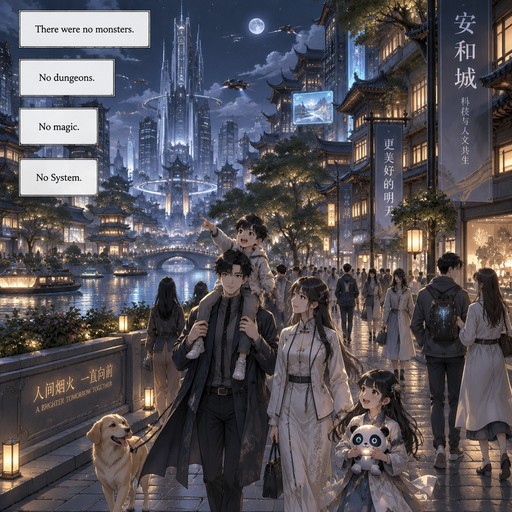 Premium full-color fantasy manhua panel of a peaceful futuristic city street at night inspired by modern Chinese city planning and traditional Chinese architectural details. Families walking, children smiling, advanced but believable technology integrated into everyday life, subdued blue-gray tones, soft cinematic lighting, realistic anime proportions, detailed clothing and buildings, professional mangafire quality. Leave four narration boxes along the upper-left for the text: "There were no monsters." "No dungeons." "No magic." "No System." No dialogue bubbles.