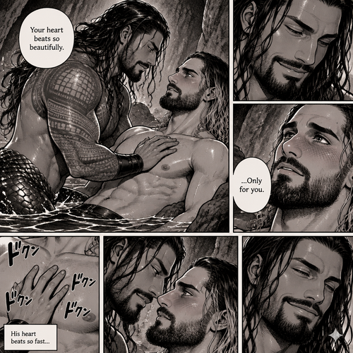 Part 3 of the siren x human story.Still in the cave. The siren (Roman Reigns) Had his hand on Seth Rollins’s chest feeling how loudly his heart was beating. “Your heart beats so beautifully” the siren said softly. Seth blushed. “…Only for you” Seth said softly. The siren smiles at him