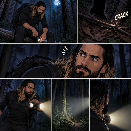 Seth Rollins was lost in the middle of the woods at night,The only this has right now is a backpack and a flashlight.He was about to take a break…then he heard something stepping on a twig.He looked around for the source pointing his flashlight