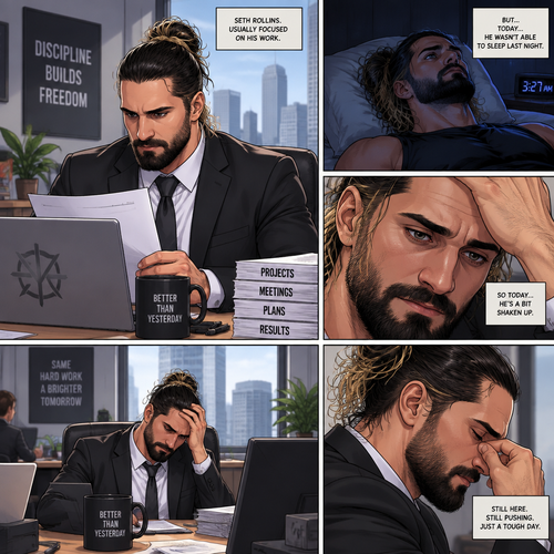 Seth Rollins was working at an office building. He’s usually focused on his work,But…today….he’s a bit shaken up and wasn’t able to sleep last night