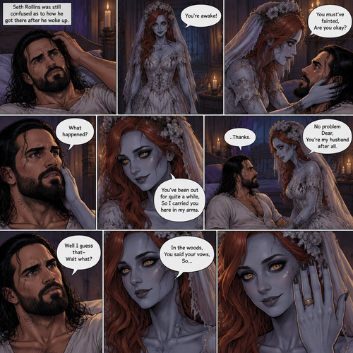 (Part 3 of the corpse bride,Seth x Becky style). Still in the strange bedroom,Seth Rollins was still confused as to how he got there after he woke up. Then the undead woman in a wedding dress (Becky Lynch) walks in. “You’re awake!” Said the undead Bride. She walked towards the bed. “You must’ve fainted,Are you okay?” The undead Bride asked. She gently placed her hand on his cheek. “What happened?” Seth asked. “You’ve been out for quite a while,So I carried you here in my arms” Said the undead bride. Seth slowly sat up. “..Thanks” Said Seth “No problem Dear,You’re my husband after all” Said the undead bride. “Well I guess that-Wait what?” Said Seth. “In the woods,You said your vows,So…” said the Undead bride. Then she showed him the wedding ring on her finger