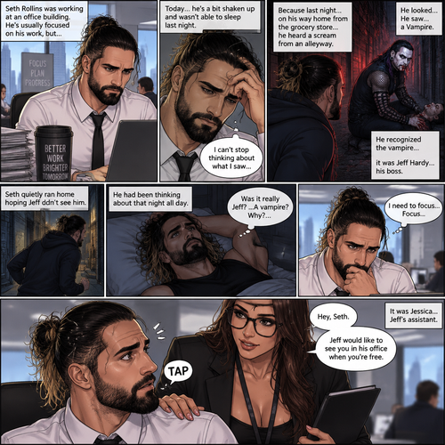 Seth Rollins was working at an office building. He’s usually focused on his work,But…today….he’s a bit shaken up and wasn’t able to sleep last night. Because last night….on his way home from the grocery store…he heard a scream from an alleyway. He looked…He saw….a Vampire. He recognized the vampire…it was Jeff Hardy…his boss. Seth quietly ran home hoping Jeff didn’t see him. He had been thinking about that night all day. He was snapped out of his thoughts when someone tapped him on the shoulder,It was Jessica Jeff’s assistant.
