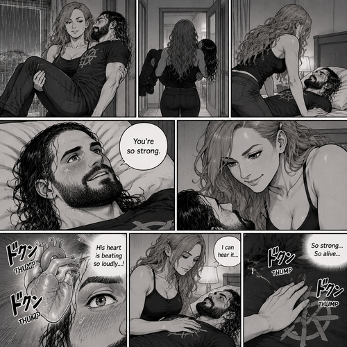 Part 3.Still is Seth Rollins’s house,Still raining outside,Becky Lynch was holding Seth Rollins in her arms,She walked to his bedroom while holding him.She gently put him down on the bed.He looked up at her while blushing. “You’re so strong” Said Seth.Becky simply smiled and got on top of him.Seth’s heart is beating loudly.Becky can hear it,She puts her hand on his chest to feel the heartbeat