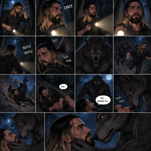 Seth Rollins was lost in the middle of the woods at night,The only this has right now is a backpack and a flashlight.He was about to take a break…then he heard something stepping on a twig.He looked around for the source pointing his flashlight,Then he heard something moving in the woods,He was looking frantically.He was about to give up….then he felt something breathing on him,his heart was beating loudly,He turned around slowly while pointing his flashlight…it was….A werewolf!!.Seth Yelled in fear and ran.The werewolf chased after him,It was gaining on Seth…but he wasn’t about to give up now..so he kept running.Seth was still running….then he tripped and rolled down a steep hill,He sprained his ankle on the way down…and then he hit his head at the bottom of the hill. “Ow” said Seth.He rolled on his back,His head and his ankle were hurting.The werewolf caught up to him. “No…please no” said Seth. The werewolf slowly walked up to him,Then it slowly got on top of him.he braced himself,He thought the werewolf was gonna eat him….But….it didn’t happen…instead…the werewolf leaned forward and sniffed him.The werewolf snapped his head up to look at Seth afterwards.The werewolf then gently placed his hand on Seth’s jaw making him look up at him.They stared into each others eyes