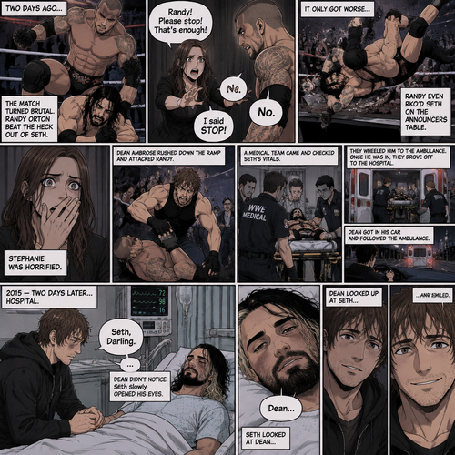 It’s the year 2015,We’re in a hospital. Seth Rollins was lying in a hospital bed unconscious. Dean Ambrose was sitting by his side and holding his hand. (What happened to Seth you ask? Well…let’s rewind to two days ago). Seth was in a match against Randy Orton. It was getting brutal. Randy was beating the heck out of Seth. Stephanie McMahon was begging Randy to stop…but Randy wasn’t stopping. He even went as far as to Rko Seth on the announcers table. Stephanie was horrified. Seth was out cold. Then Dean rushed down the ramp and attacked Randy. He took him down. A medical team came down the ramp and checked Seth’s vitals. They put him in a gurney and wheeled him to the ambulance. Once he was in the ambulance they drove off to the hospital. Dean got in his car and followed the ambulance. (Now back to two days later). Seth was still unconscious. Dean was gently caressing Seth’s hand. Then…Seth slowly opened his eyes,Dean didn’t notice. “Seth,Darling” Dean said softly. Seth looked at Dean. Seth spoke weakly “Dean”. Dean looked up at Seth and smiled