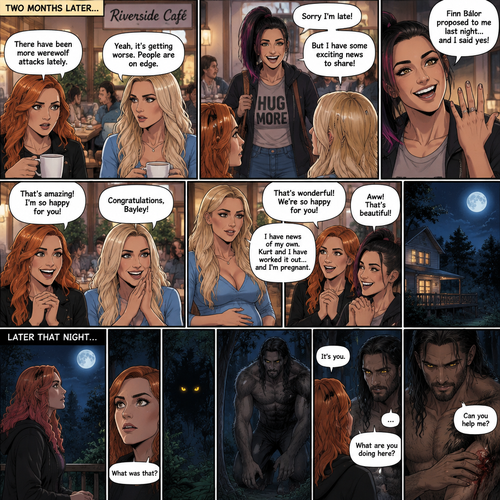(Part 2 of the Werewolf X human story). It’s been two months since the night Becky Lynch and Her friends Charlotte Flair and Bayley saved the Man (Seth Rollins). They haven’t seen him since. Becky and charlotte were having brunch at a cafe,They were talking about the recent werewolf attacks. Then Bayley showed up late….with a happy grin on her face. She apologized for being late and sat at the table. Then she said she’s has some exciting news to share with the two of them….Finn Bálor proposed to her last night…and she said yes. Becky and Charlotte were happy and excited for Bayley. Then Charlotte said she’s has some news of her own. She and her husband (Kurt Wagner a.k.a nightcrawler) have worked it out…and She’s pregnant. Becky and Bayley were happy and excited for Charlotte. Later that night,Becky was in her backyard looking at the moon…then…She heard a noise from the forest near her house. She looked closely. A pair of Yellow eyes were looking at her. A werewolf slowly walked out of the forest and walked towards her. Her heart was pounding. The werewolf stood in front of her. She….recognized those eyes….it was the man Becky and the girls saved two months ago. “It’s you” said Becky. He nodded. “What are you doing here?” Becky asked. He shows her the wound on his arm…then he spoke “Can you help me?”