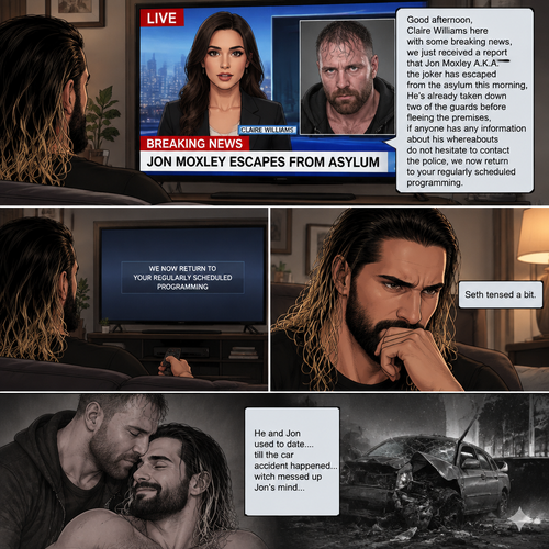 Seth Rollins was at home after a long day. He turned on the tv,A news report came on. “Good afternoon,Claire Williams here with some breaking news,we just received a report that Jon Moxley A.K.A the joker has escaped from the asylum this morning,He’s already taken down two of the guards before fleeing the premises,if anyone has any information about his whereabouts do not hesitate to contact the police,we now return to your regularly scheduled programming” said the reporter. The news report ends. Seth tensed a bit. He and Jon used to date….till the car accident happened…witch messed up Jon’s mind