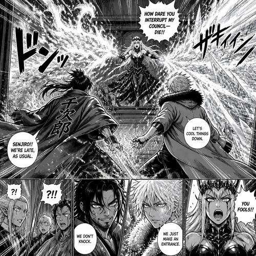  Senjiro and sato barge into the meeting with fire and ice the demon queen launch  at them