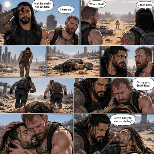 It’s a post apocalyptic world,Roman Reigns and Jon Moxley were side by side surviving the apocalypse together.They fought Bandits and raiders and scavenged for supplies.One day it was really hot outside. “Man it’s really hot out here” Said Roman. “I hear ya” Said Jon.They were about to head back to their base…then they see a person in the distance,He looked like he was overheating. “Who is that?” Asked Jon “I don’t know” said Roman.The person must’ve saw them because he began to walk towards them,but before he got closer to them he passed out due to overheating.Roman and Jon looked at each other,and then walked towards the unconscious man.when they got closer…they recognized him,They shocked…they ran towards him….It was Seth Rollins.Jon had tears in his eyes. “Oh my god,Seth! Baby!” Said Jon as he pulled Seth in his embrace. “Seth?! Can you hear us,darling?” Said Roman