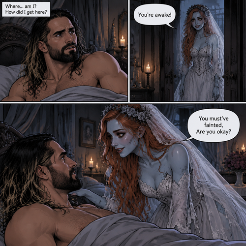 (Part 3 of the corpse bride,Seth x Becky style). Still in the strange bedroom,Seth Rollins was still confused as to how he got there after he woke up. Then the undead woman in a wedding dress (Becky Lynch) walks in. “You’re awake!” Said the undead Bride. She walked towards the bed. “You must’ve fainted,Are you okay?” The undead Bride asked