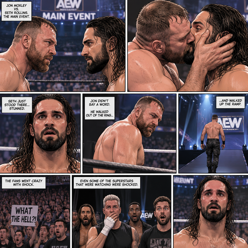 Jon Moxley and Seth Rollins were in a match against each other. It’s the main event. It seemed like it was gonna go on for a while…but then….something unexpected happened. Jon cupped his hands on Seth’s face….pulled him in…and kissed him. Seth’s eyes widened,The fans went crazy with shock,even some of the superstars that were watching were shocked. Jon then pulled away. Seth just stood there stunned. Jon didn’t say a word,he walked out of the ring and walked up the ramp.