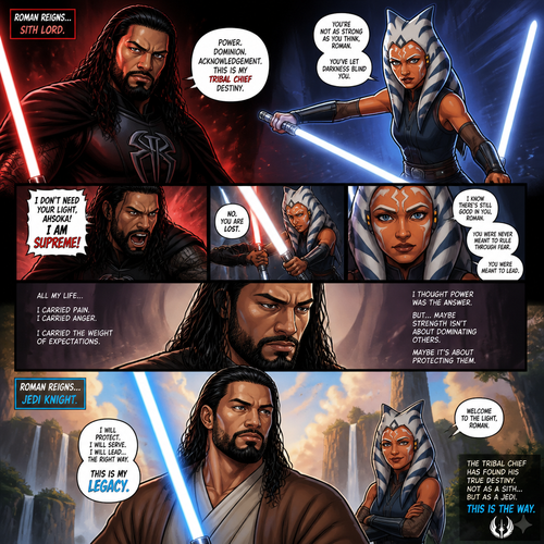 WWE superstar Roman Reigns as a Sith Lord but then thanks to Ashoka Tano he learns the error of his ways and becomes a Jedi
