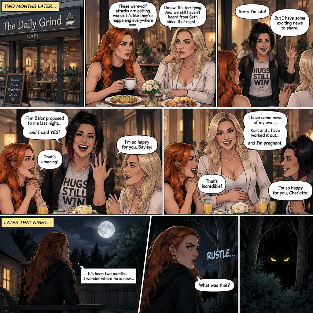 (Part 2 of the Werewolf X human story). It’s been two months since the night Becky Lynch and Her friends Charlotte Flair and Bayley saved the Man (Seth Rollins). They haven’t seen him since. Becky and charlotte were having brunch at a cafe,They were talking about the recent werewolf attacks. Then Bayley showed up late….with a happy grin on her face. She apologized for being late and sat at the table. Then she said she’s has some exciting news to share with the two of them….Finn Bálor proposed to her last night…and she said yes. Becky and Charlotte were happy and excited for Bayley. Then Charlotte said she’s has some news of her own. She and her husband (Kurt Wagner a.k.a nightcrawler) have worked it out…and She’s pregnant. Becky and Bayley were happy and excited for Charlotte. Later that night,Becky was in her backyard looking at the moon…then…She heard a noise from the forest near her house. She looked closely. A pair of Yellow eyes were looking at her