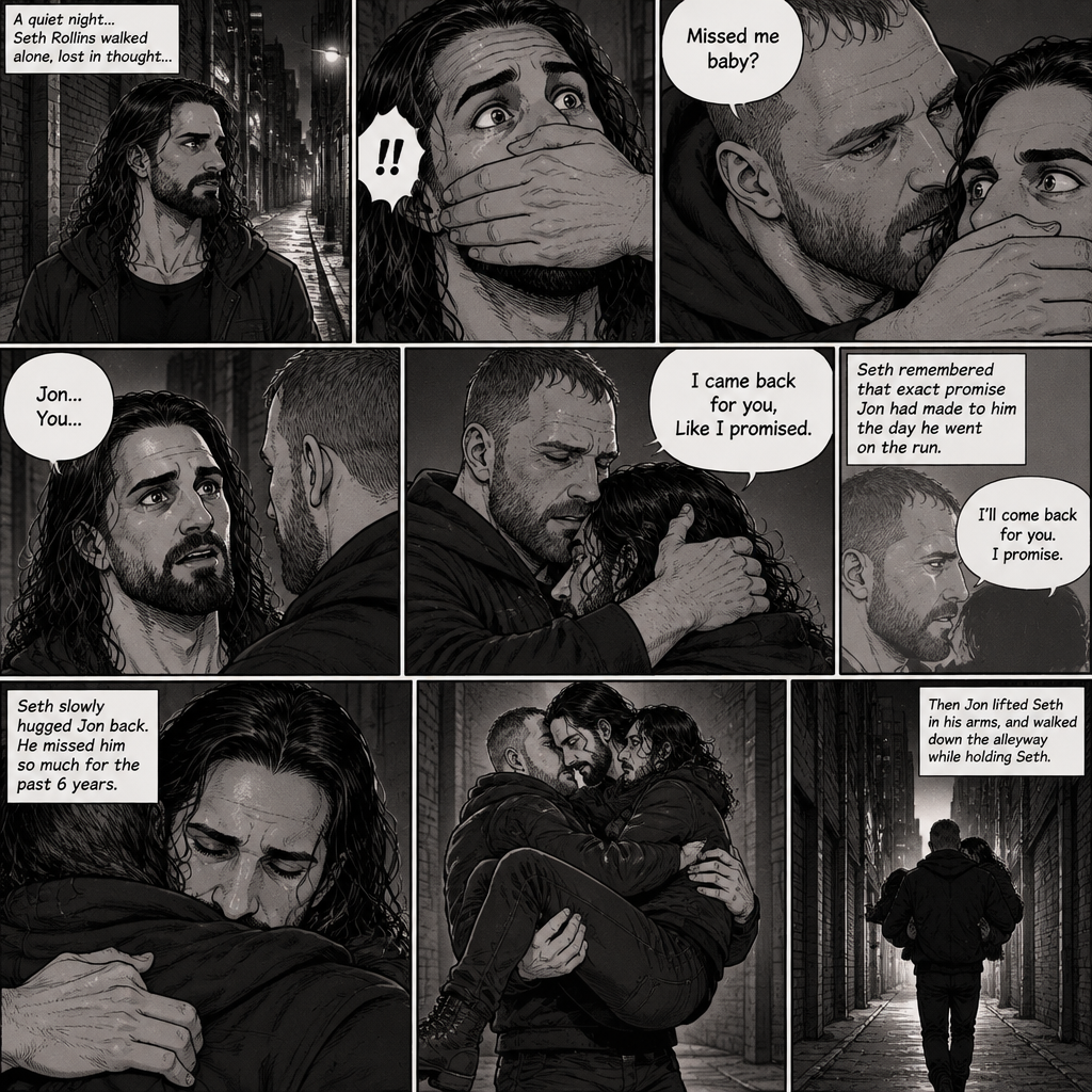 Seth Rollins was walking alone at night….then….someone grabbed him from behind and covered his mouth so he wouldn’t scream,Then the person whispered in Seth’s ear “Missed me baby?”. Seth knew that voice….it was Jon Moxley..his first love. Seth’s heart was pounding. Jon removed his hand from Seth’s mouth and gently turned Seth around to face him. Seth couldn’t believe that Jon was actually here. Jon pulled Seth into a hug. “I came back for you,Like I promised” Jon said Softly. Seth had remembered that exact promise Jon had made to him the day he went on the run. Seth slowly hugged Jon back,He missed him so much for the past 6 years. After about a minute,Jon lifted Seth in his arms,then he walked down the alleyway while holding Seth
