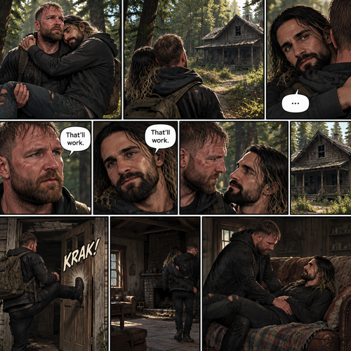 (Part 5). Still in the zombie apocalypse. Jon Moxley was walking in the woods while Holding Seth Rollins in his arms after emotional reunion near the river. Seth was resting his head on Jon’s shoulder while holding on. Jon looked ahead and he sees an abandoned Cabin. Seth Sees it too. Jon and Seth looked at each other,Then they looked back at the cabin. “That’ll work” Jon and Seth said in unison. Jon walked to the cabin,Then he kicked the door open and walked inside. He gently put Seth down on the couch