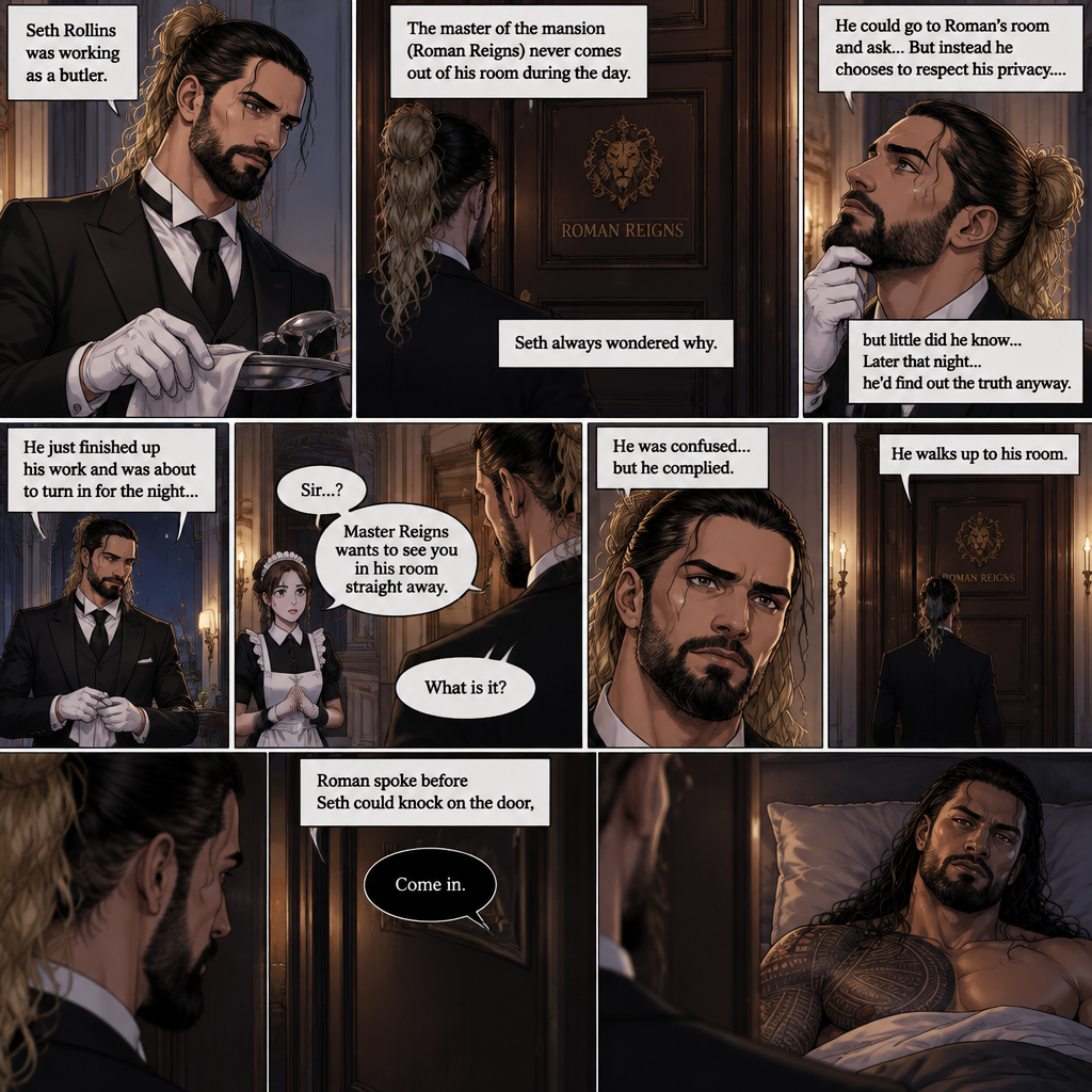 Seth Rollins was working as a butler,The master of the mansion (Roman Reigns) never comes out of his room during the day.Seth always wondered why,He could go to Roman’s room and ask…But instead he chooses to respect his privacy….but little did he know…Later that night…he’d find out the truth anyway.He just finished up his work and was about to turn in for the night…Buy one of the maids called his name. “What is it?” Asked Seth. “Master Reigns wants to see you in his room straight away” Said the maid.He was confused…but he complied.He walks up to his room.Roman spoke before Seth could knock on the door, “Come in”