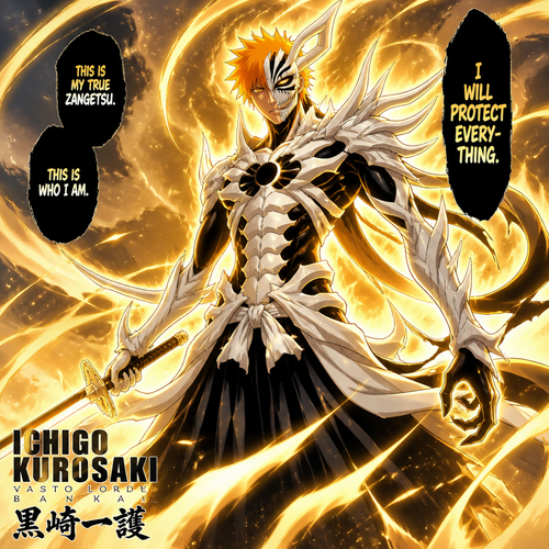  Ichigo in golden Reiatsu and skull-like armor fused with vasto lord form