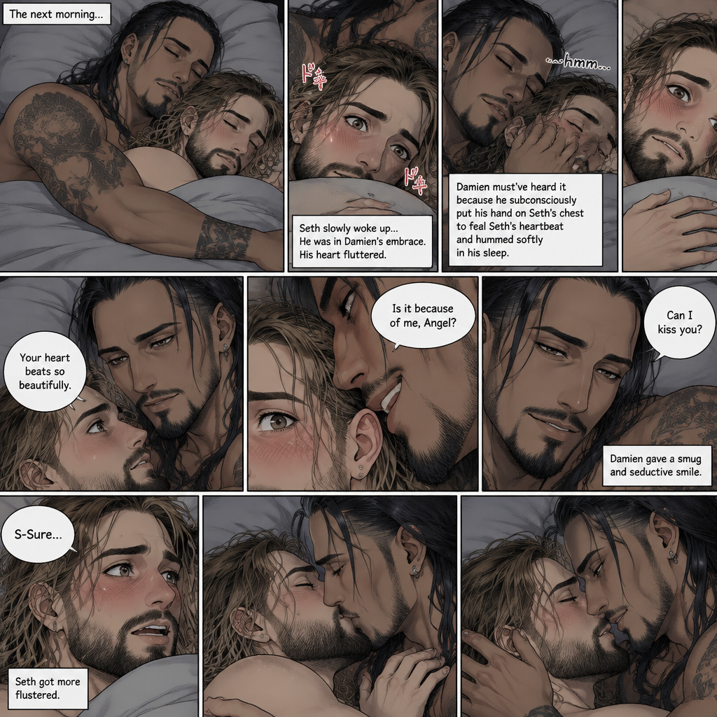 (Recap). Seth Rollins (College student) had just finished studying late at night,Then there was a noise downstairs,he investigated,the front door was open,He closed,Then there was a dripping noise in the kitchen,He goes to investigate,it was just a leaky faucet,He turned it off,he turned around,Damien priest (The bad boy) was right behind him,His chest had scratch marks on it and his shoulder had a huge bite mark on it,Seth was horrified,He goes to turn on the light but Damien grabbed his wrist before he could,he pulled Seth closer to him,Then he puts his head on Seth’s shoulder,His body was shaking a little as if he was crying,he said to Seth “Help me…please…Angel”,Seth slowly wrapped his arms around Damien,Damien’s body slowly relaxed as if he felt safe in Seth’s arms,Seth takes Damien to the bathroom,he grabs a first aid kit,he gently cleans Damien’s wounds and bandages them afterwards,Seth said “There,That should do it,Damien looks up at Seth and softly said “Thank you,Angel”,Seth blushed a little and said to Damien “you’re welcome” (And now part 3). The next morning,Seth and Damien were asleep in Seth’s bed,Seth slowly woke up,He was in Damien’s embrace. He blushed and his heart fluttered. Damien must’ve heard it because he subconsciously put his hand on Seth’s chest to feel Seth’s heartbeat and hummed softly in his sleep. Seth was flustered,Then…Damien slowly woke up and looked at Seth. “Your heart beats so beautifully” Damien said in a soft voice. Damien then whispered in Seth’s ear. “Is it because of me,Angel?” Damien asked seductively. The blush on Seth’s face deepened. Damien gave a smug and seductive smile. “Can I kiss you?” Damien asked softly. Seth Got more Flustered. “S-Sure” Seth said nervously. Damien gently kissed Seth. (End of part 3)
