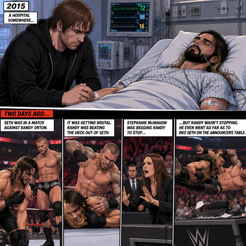 It’s the year 2015,We’re in a hospital. Seth Rollins was lying in a hospital bed unconscious. Dean Ambrose was sitting by his side and holding his hand. (What happened to Seth you ask? Well…let’s rewind to two days ago). Seth was in a match against Randy Orton. It was getting brutal. Randy was beating the heck out of Seth. Stephanie McMahon was begging Randy to stop…but Randy wasn’t stopping. He even went as far as to Rko Seth on the announcers table