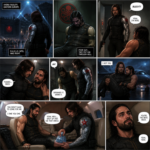 The Winter soldier is rescuing Seth Rollins after he got captured by Hydra.After he was untied from the chair Seth tried to stand but he felt pain on his ankle meaning he sprained it,So Bucky lifted him up in his arms and walked to the jet.After he got in the jet Bucky gently put Seth down on a seat and put an ice pack on his ankle